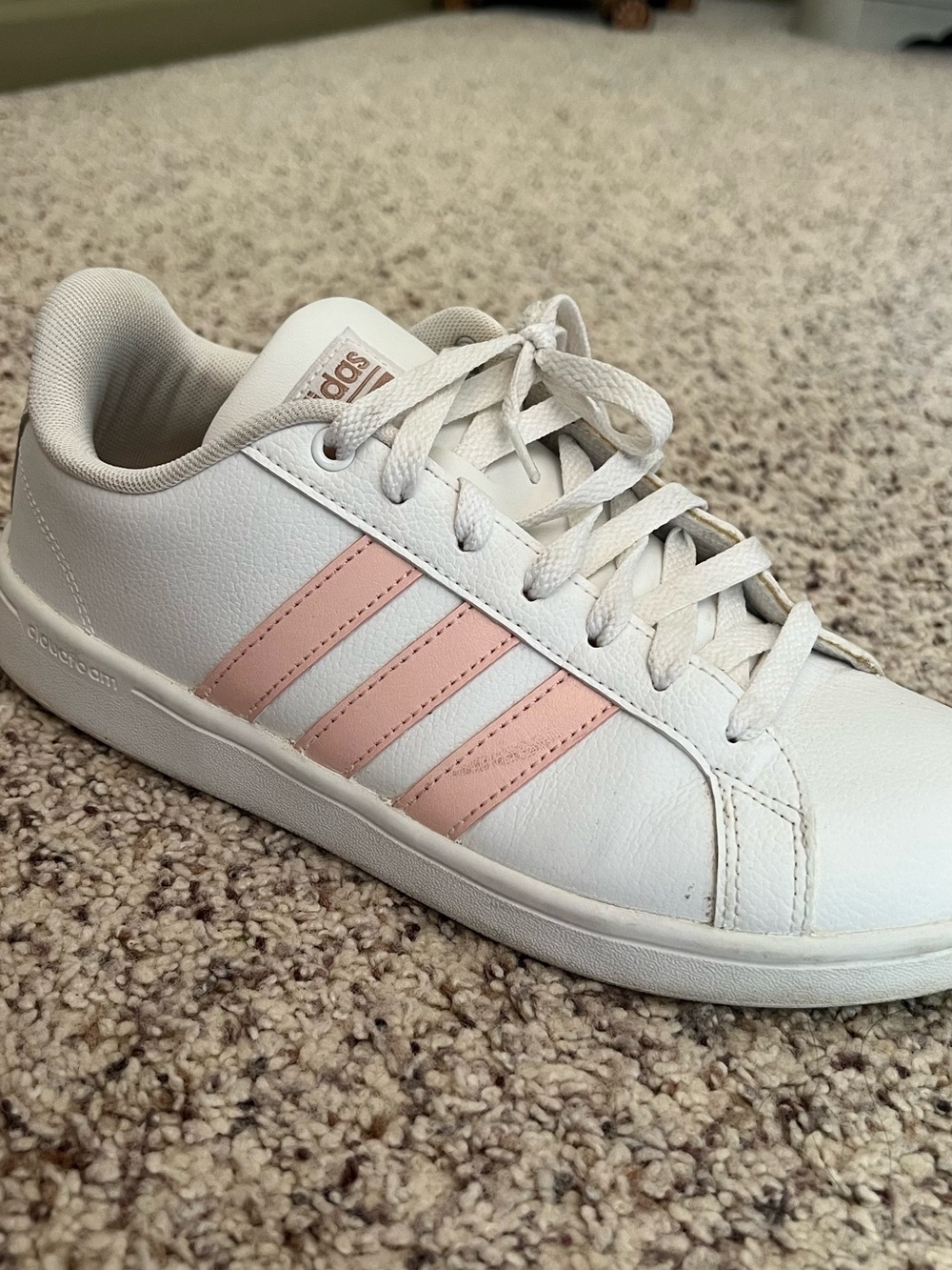 adidas Women’s White Sneakers with Pink Stripes
